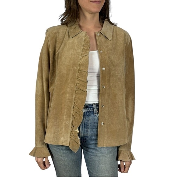 MARGARET GODFREY STYLE 8776 RUFFLE FRONT SUEDE LEATHER SNAP SHIRT JACKET SHACKET - Picture 2 of 16